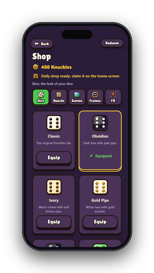 The shop with dice skins and the player's Knuckles balance